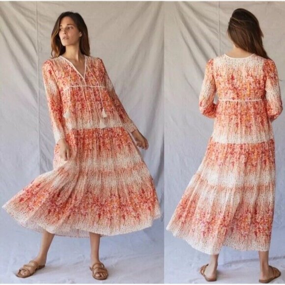 CHRISTY DAWN Paloma Midi Dress Sunset Gladiola Orange Pink Floral Size M - Picture 1 of 13